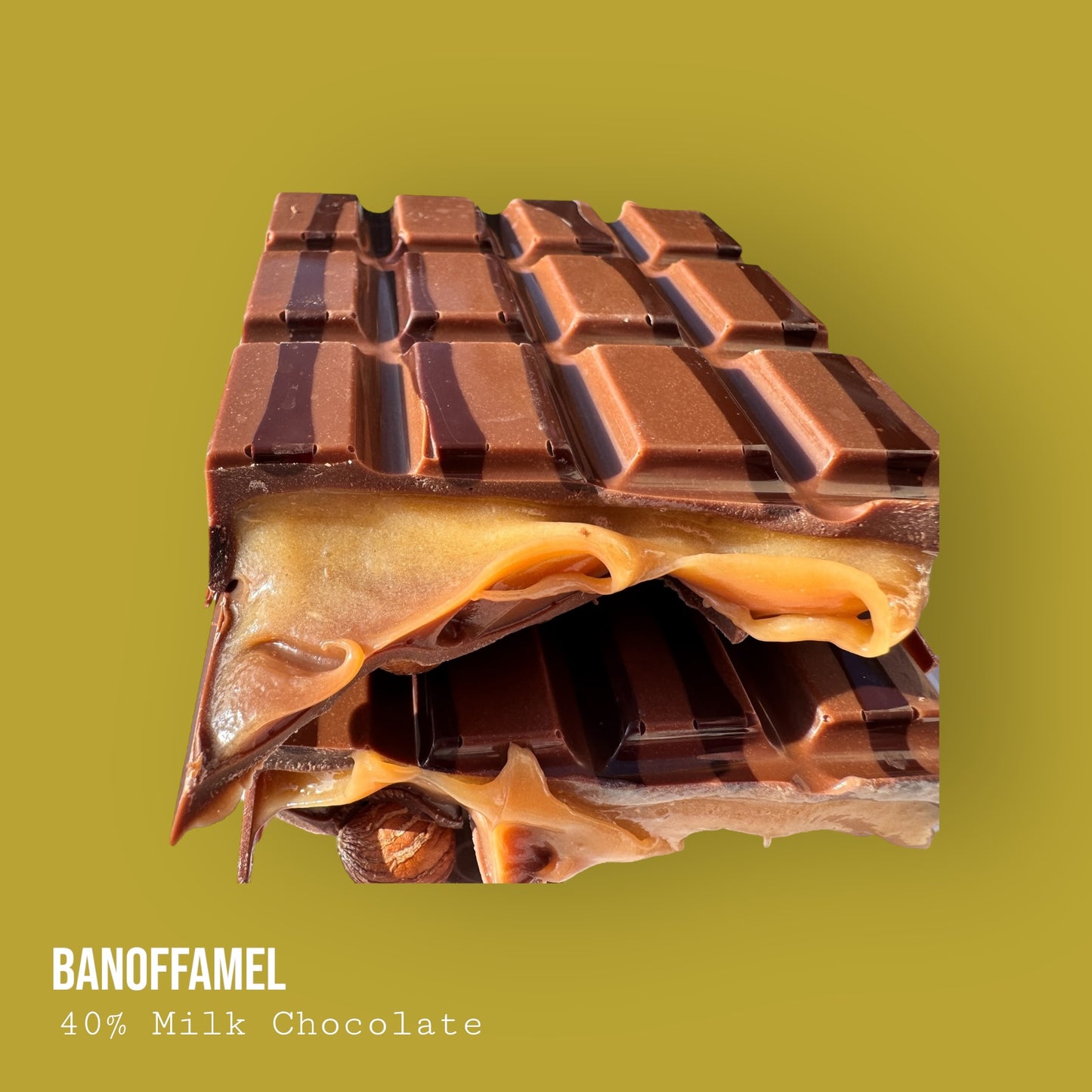 Banoffamel – Milk Chocolate with Banana Caramel Banoffee, Hazelnuts & Dark Chocolate Lime Drizzle 255g