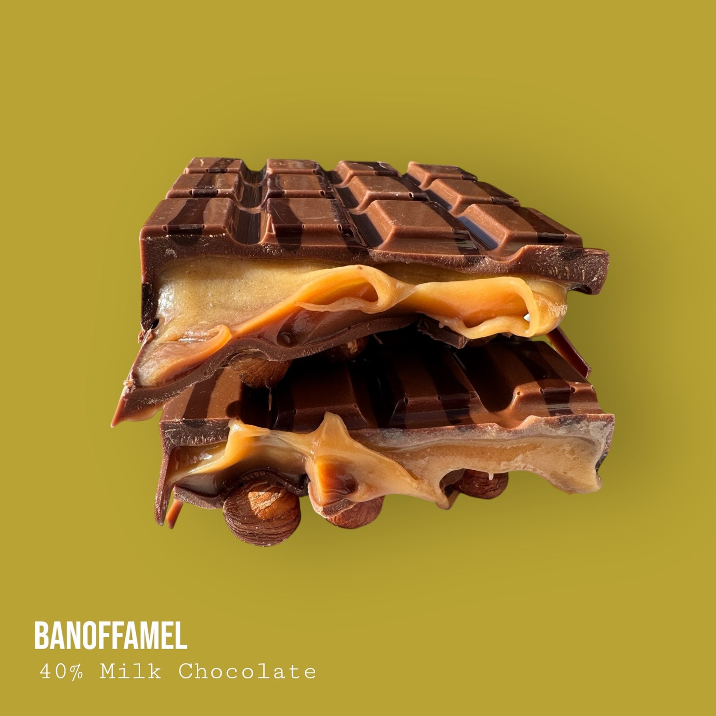 Banoffamel – Milk Chocolate with Banana Caramel Banoffee, Hazelnuts & Dark Chocolate Lime Drizzle 255g