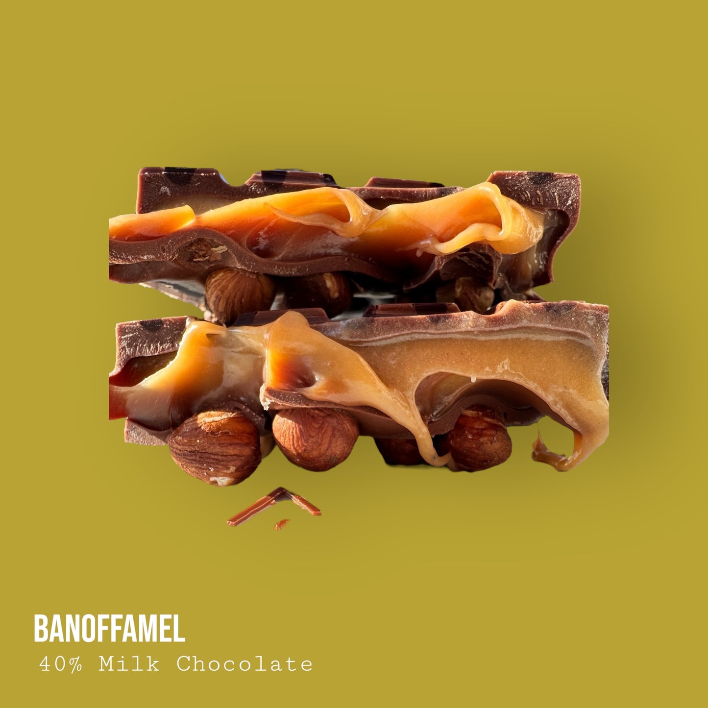 Banoffamel – Milk Chocolate with Banana Caramel Banoffee, Hazelnuts & Dark Chocolate Lime Drizzle 255g