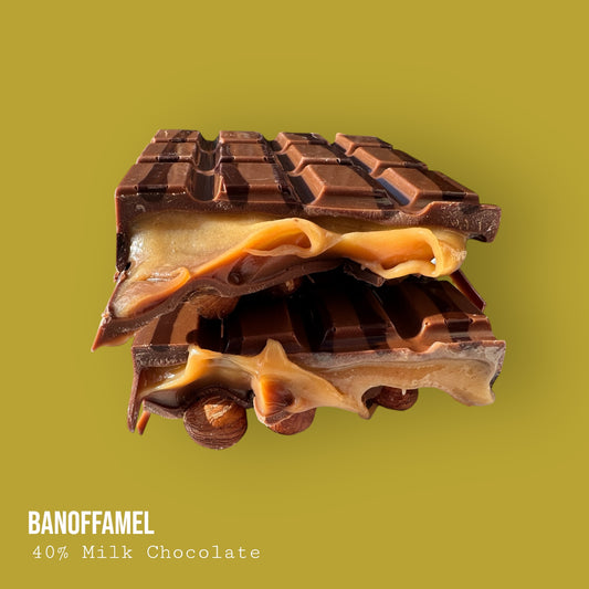 Banoffamel – Milk Chocolate with Banana Caramel Banoffee, Hazelnuts & Dark Chocolate Lime Drizzle 255g
