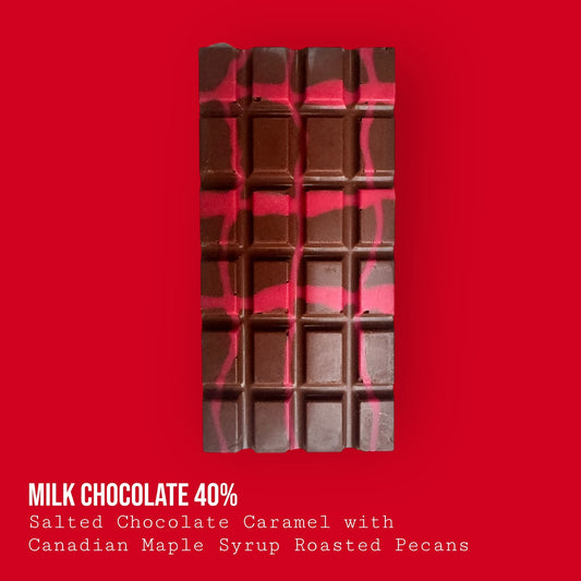 Milk Chocolate salted chocolate caramel with Canadian maple syrup roasted pecans 230g